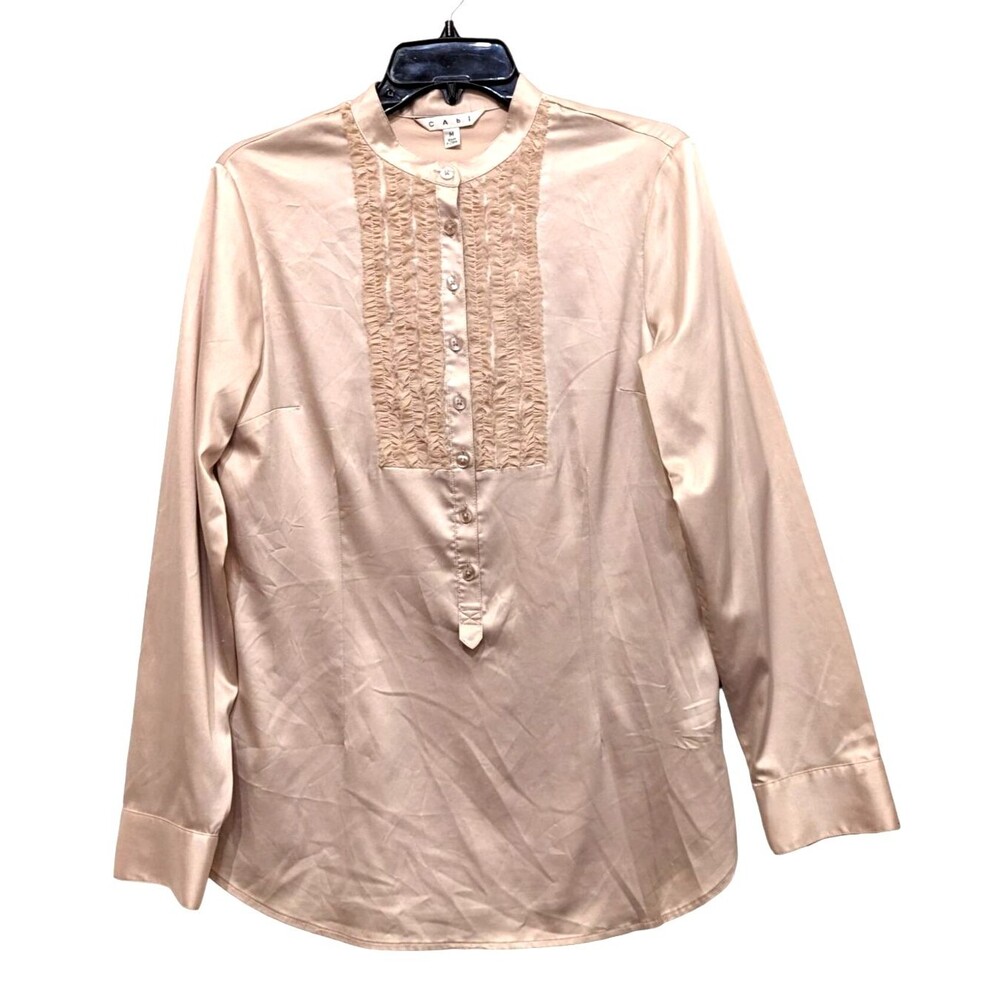 Cabi Juliet Popover Satin Blouse Medium Long Sleeve Silky Ruffle Button Top